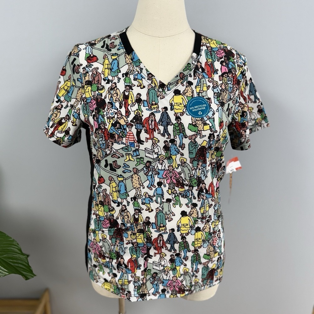 NWT Cherokee Tooniforms Scrub Top L Where's Waldo Scrubs Nurse Uniform Vet CNA